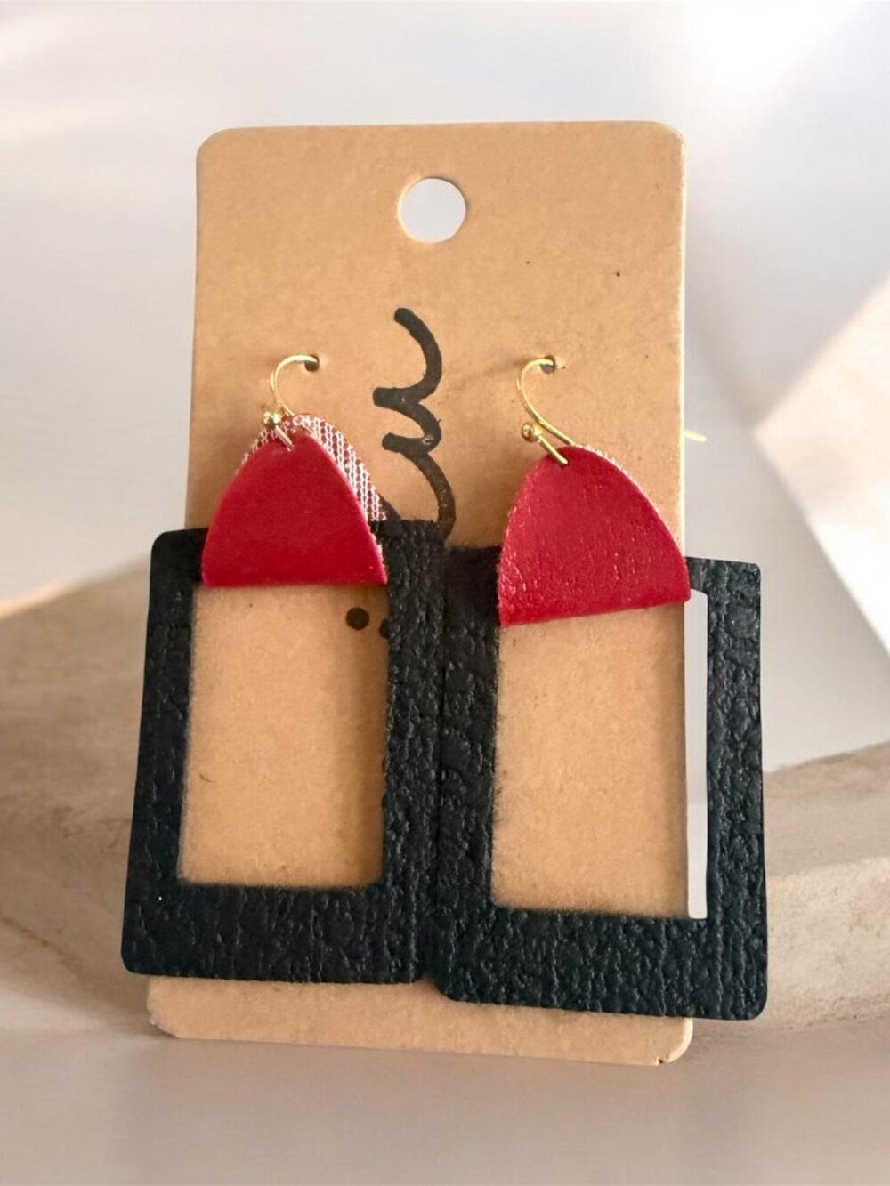 emilu Handmade Geometric Leather Earrings Red Black Colorblock Dangle Drop